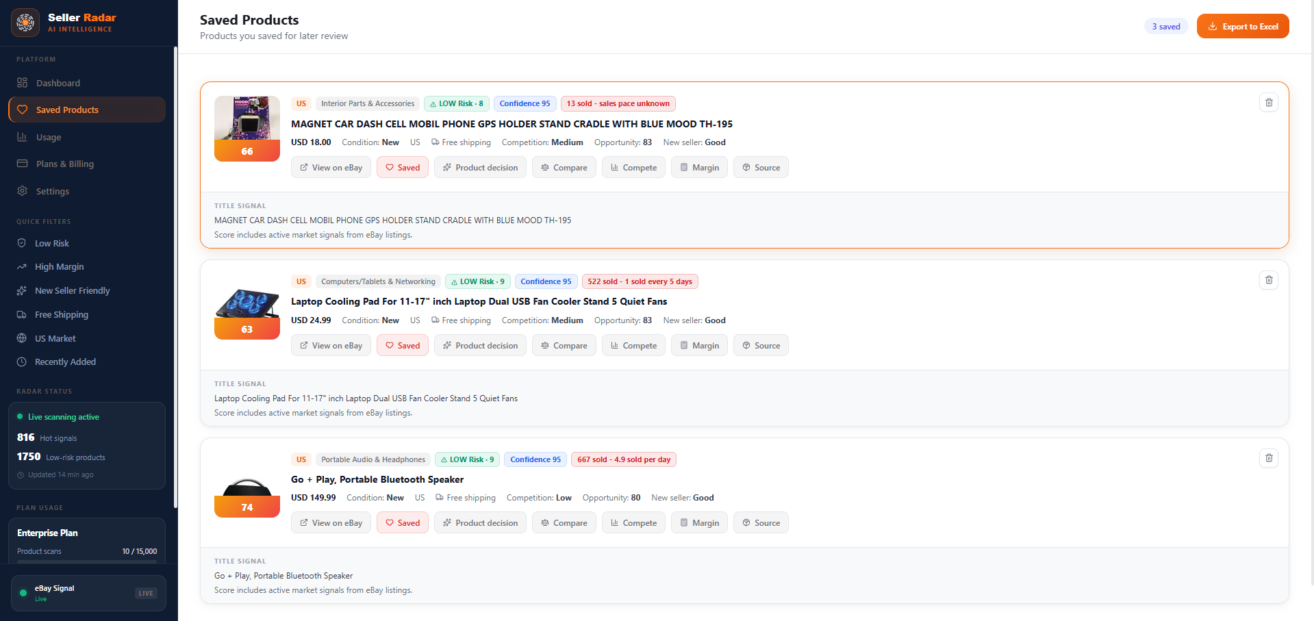 Seller Radar saved products page with a curated product shortlist