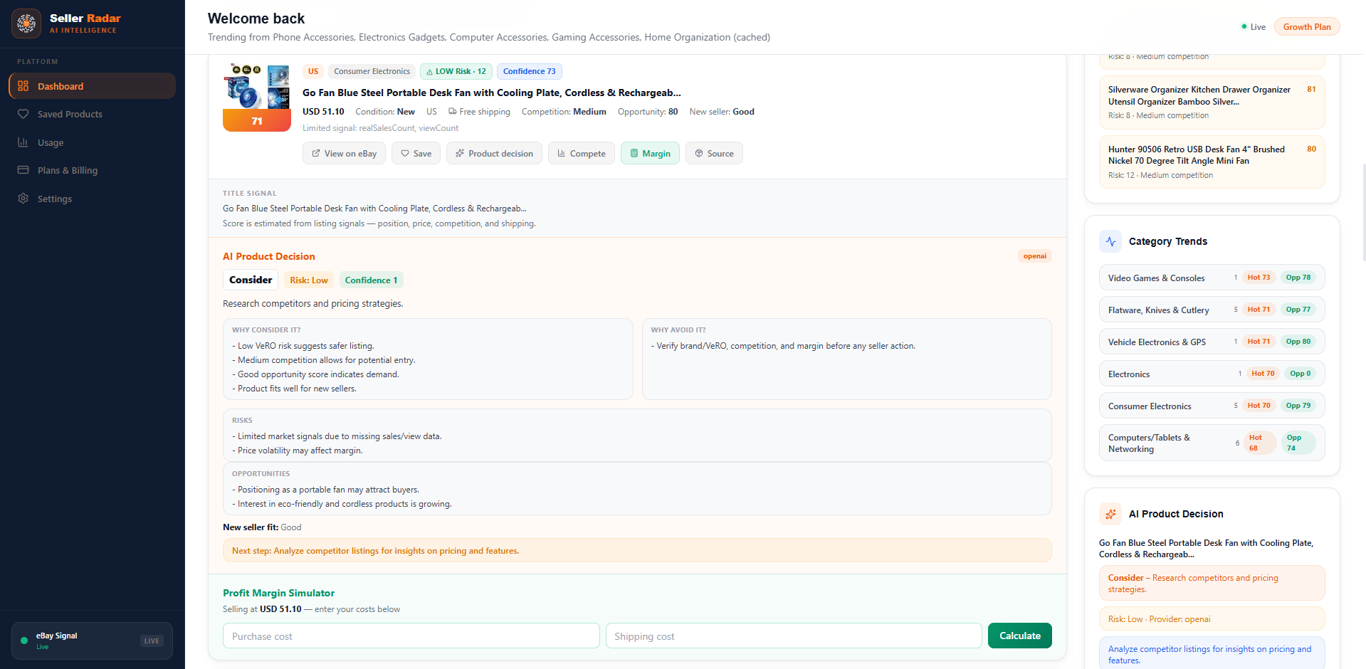 Seller Radar AI Product Decision panel with profit margin simulator