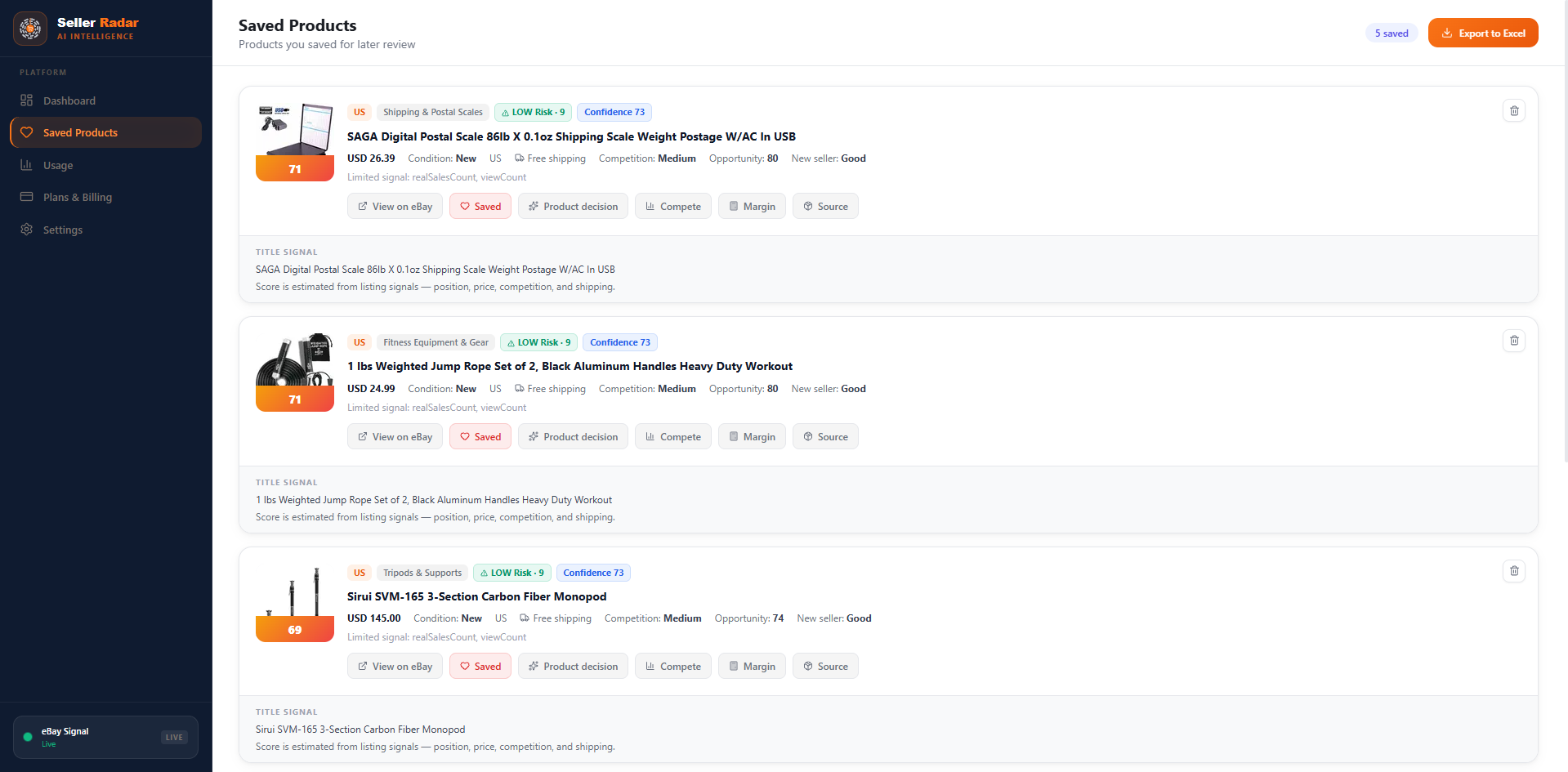 Saved Products page with one-click Export to Excel